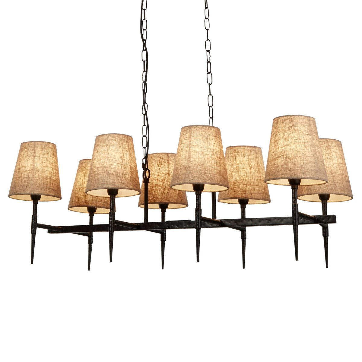 Gothic 8 Light Hammered Black Metal Pendant With Natural Linen Shade