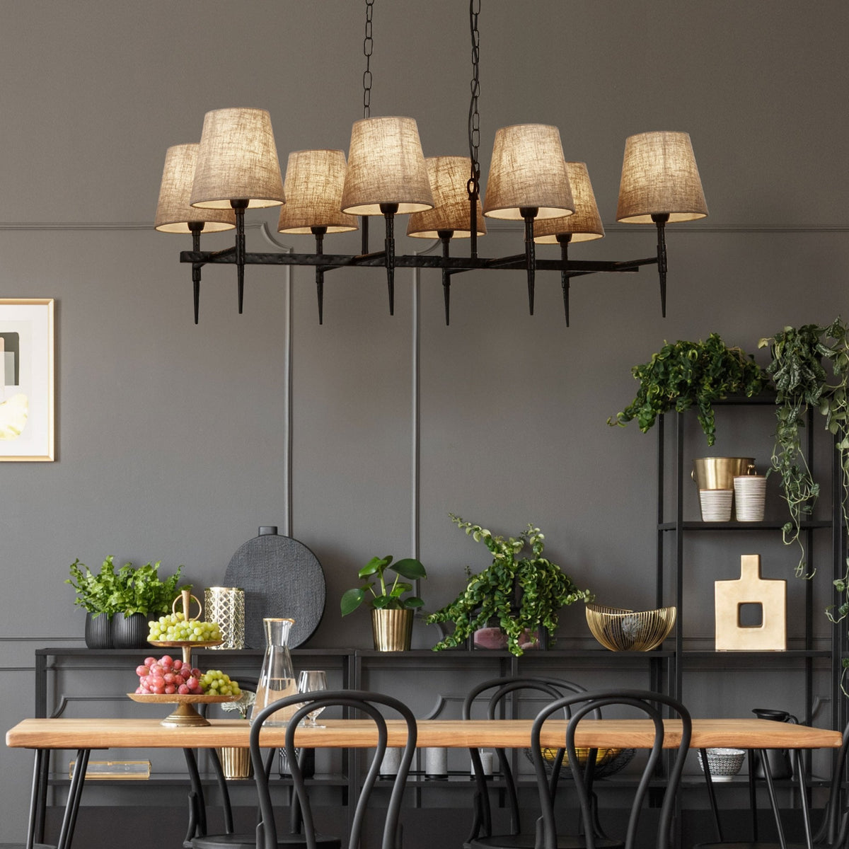 Gothic 8 Light Hammered Black Metal Pendant With Natural Linen Shade