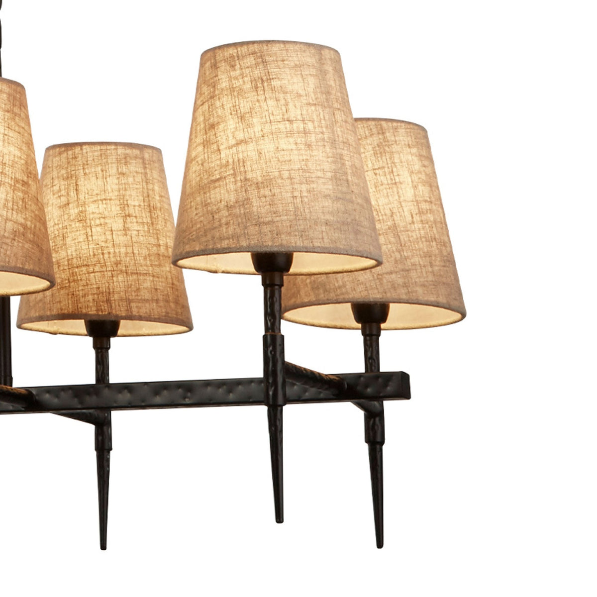 Gothic 8 Light Hammered Black Metal Pendant With Natural Linen Shade