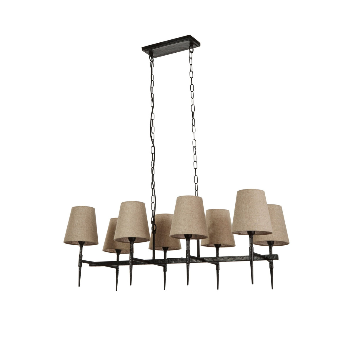 Gothic 8 Light Hammered Black Metal Pendant With Natural Linen Shade