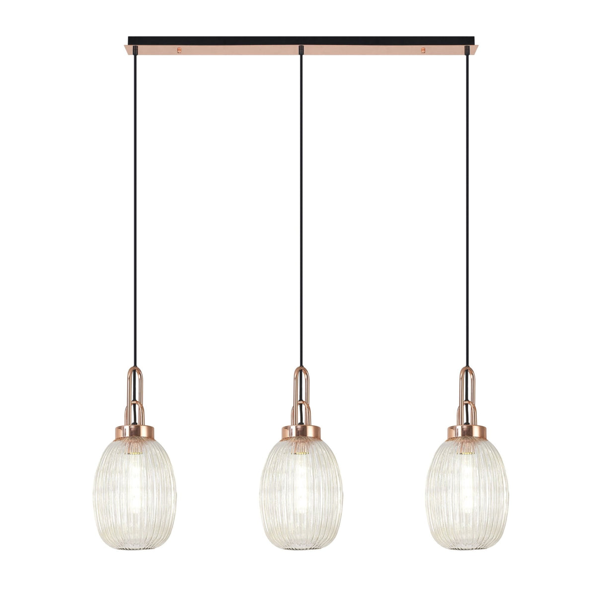 Atherington Almond 3 Drop Linear Pendant in Copper & Champagne Ribbed Shade