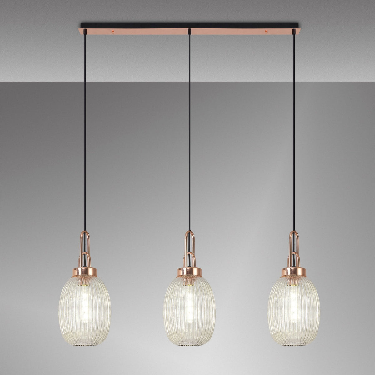 Atherington Almond 3 Drop Linear Pendant in Copper & Champagne Ribbed Shade
