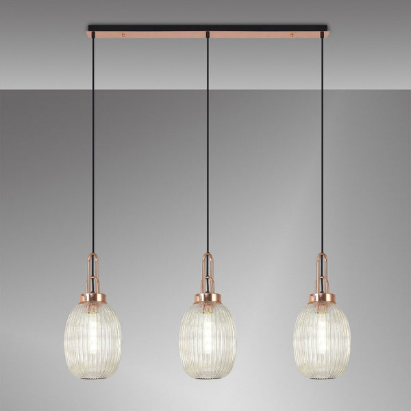 Atherington Almond 3 Drop Linear Pendant in Copper & Champagne Ribbed Shade