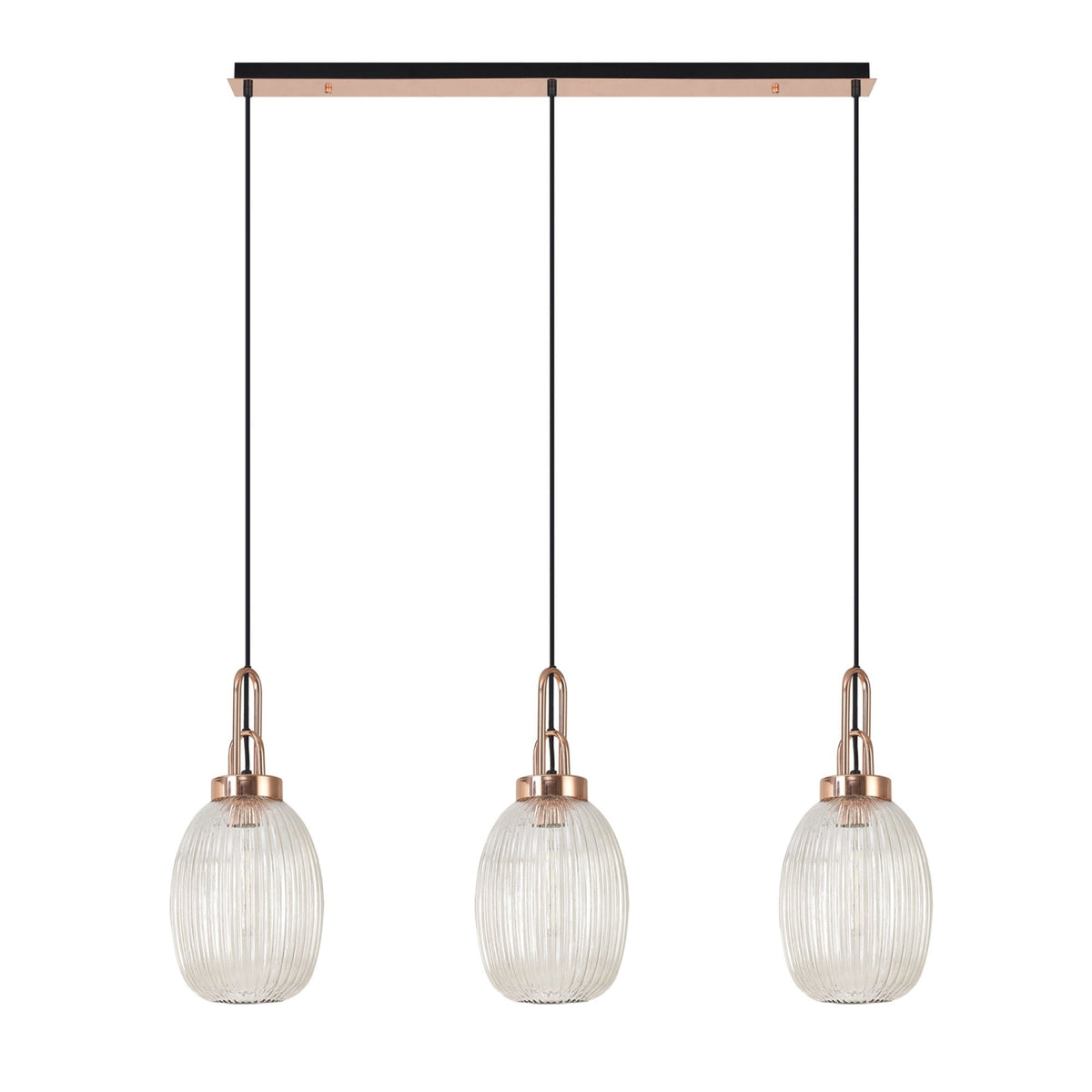 Atherington Almond 3 Drop Linear Pendant in Copper & Champagne Ribbed Shade