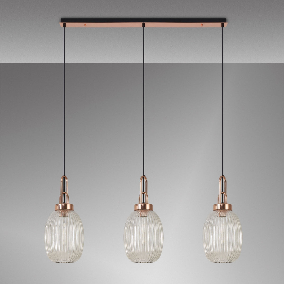 Atherington Almond 3 Drop Linear Pendant in Copper & Champagne Ribbed Shade