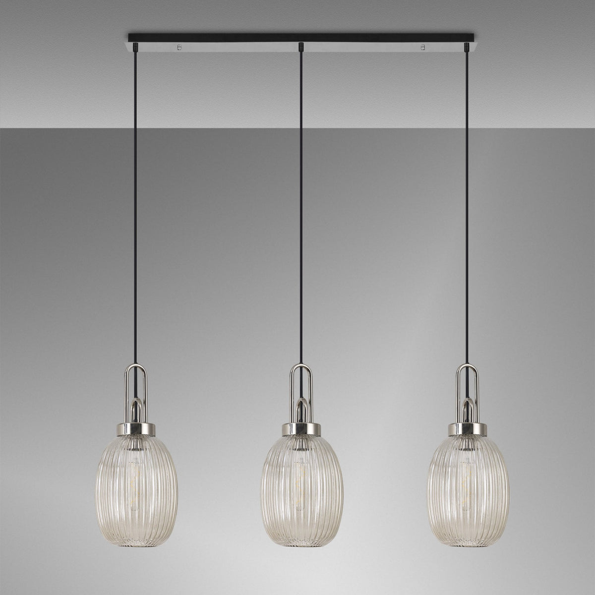 Atherington Almond 3 Drop Linear Pendant in Polished Nickel & Champagne Ribbed Shade