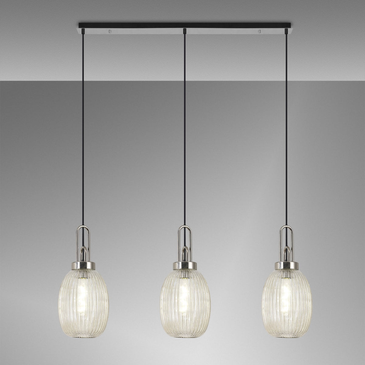 Atherington Almond 3 Drop Linear Pendant in Polished Nickel & Champagne Ribbed Shade