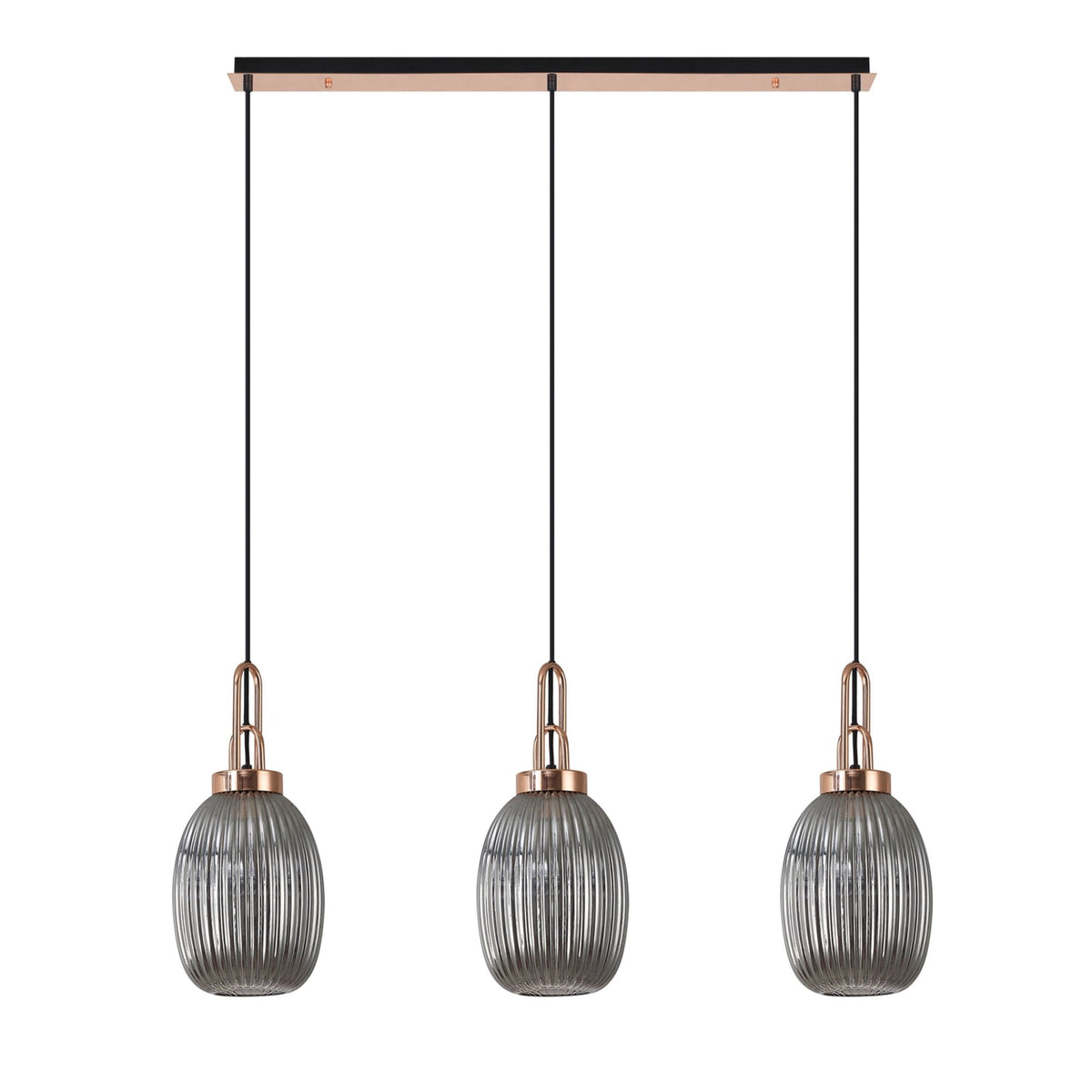 Atherington Almond 3 Drop Linear Pendant in Copper & Smoked Ribbed Shade
