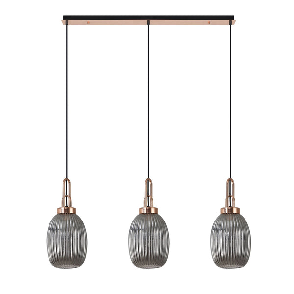Atherington Almond 3 Drop Linear Pendant in Copper & Smoked Ribbed Shade