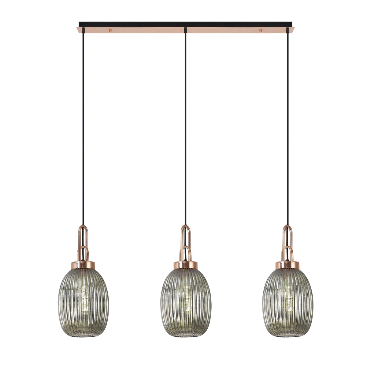 Atherington Almond 3 Drop Linear Pendant in Copper & Smoked Ribbed Shade