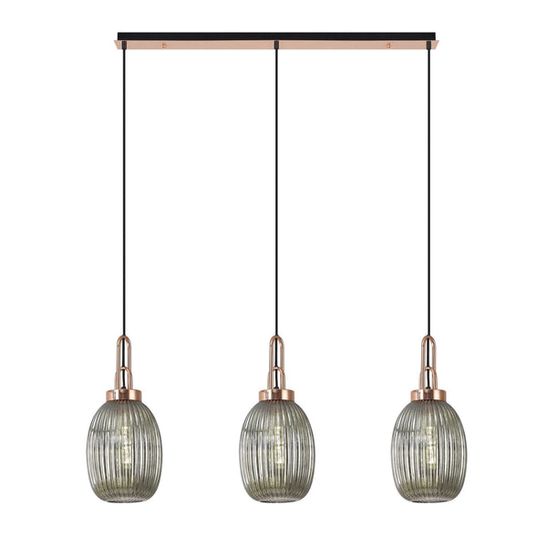 Atherington Almond 3 Drop Linear Pendant in Copper & Smoked Ribbed Shade