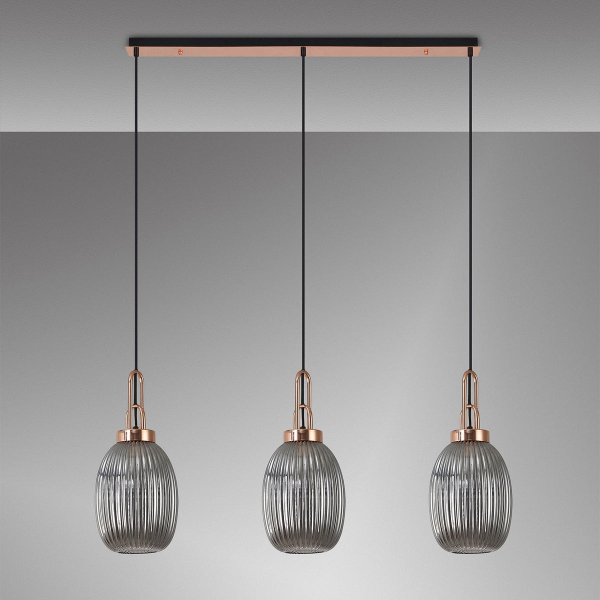 Atherington Almond 3 Drop Linear Pendant in Copper & Smoked Ribbed Shade
