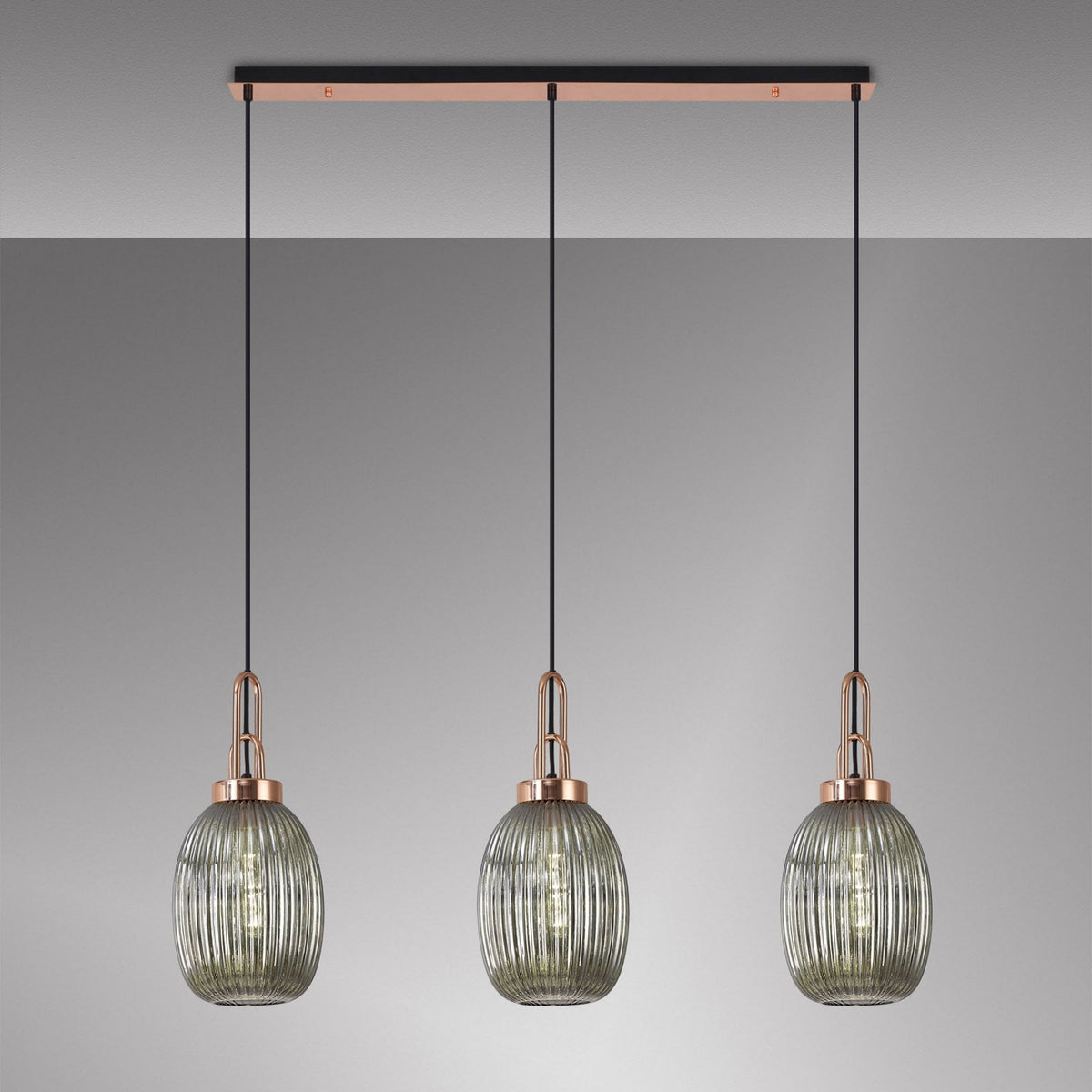 Atherington Almond 3 Drop Linear Pendant in Copper & Smoked Ribbed Shade