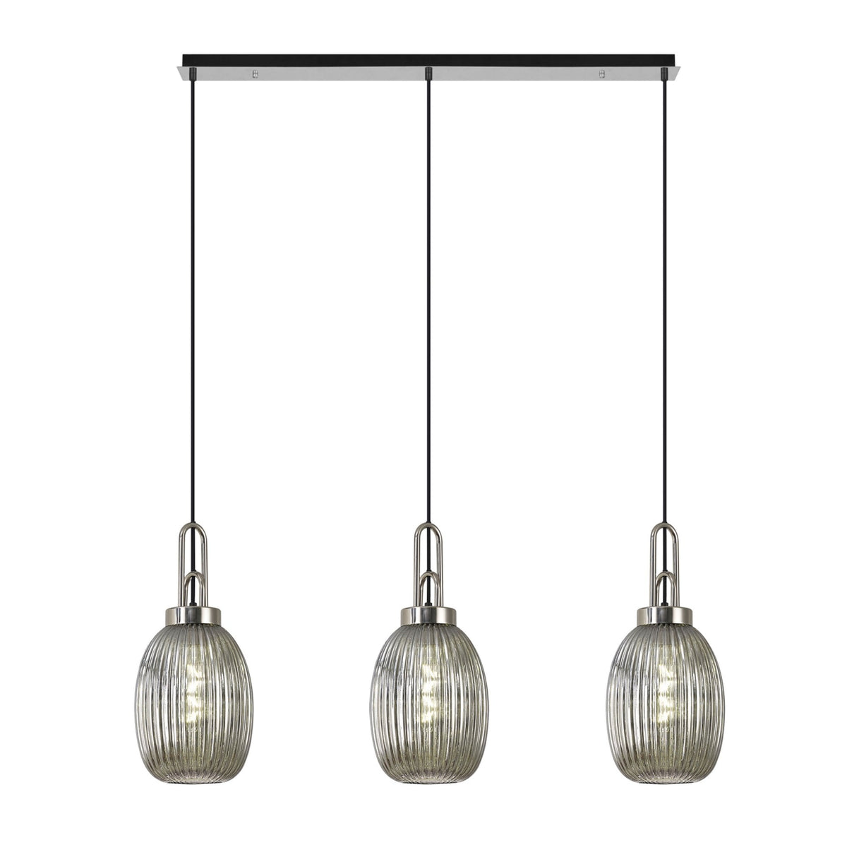 Atherington Almond 3 Drop Linear Pendant in Polished Nickel & Smoked Ribbed Shade