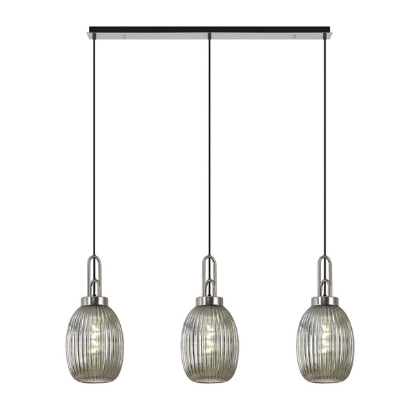 Atherington Almond 3 Drop Linear Pendant in Polished Nickel & Smoked Ribbed Shade