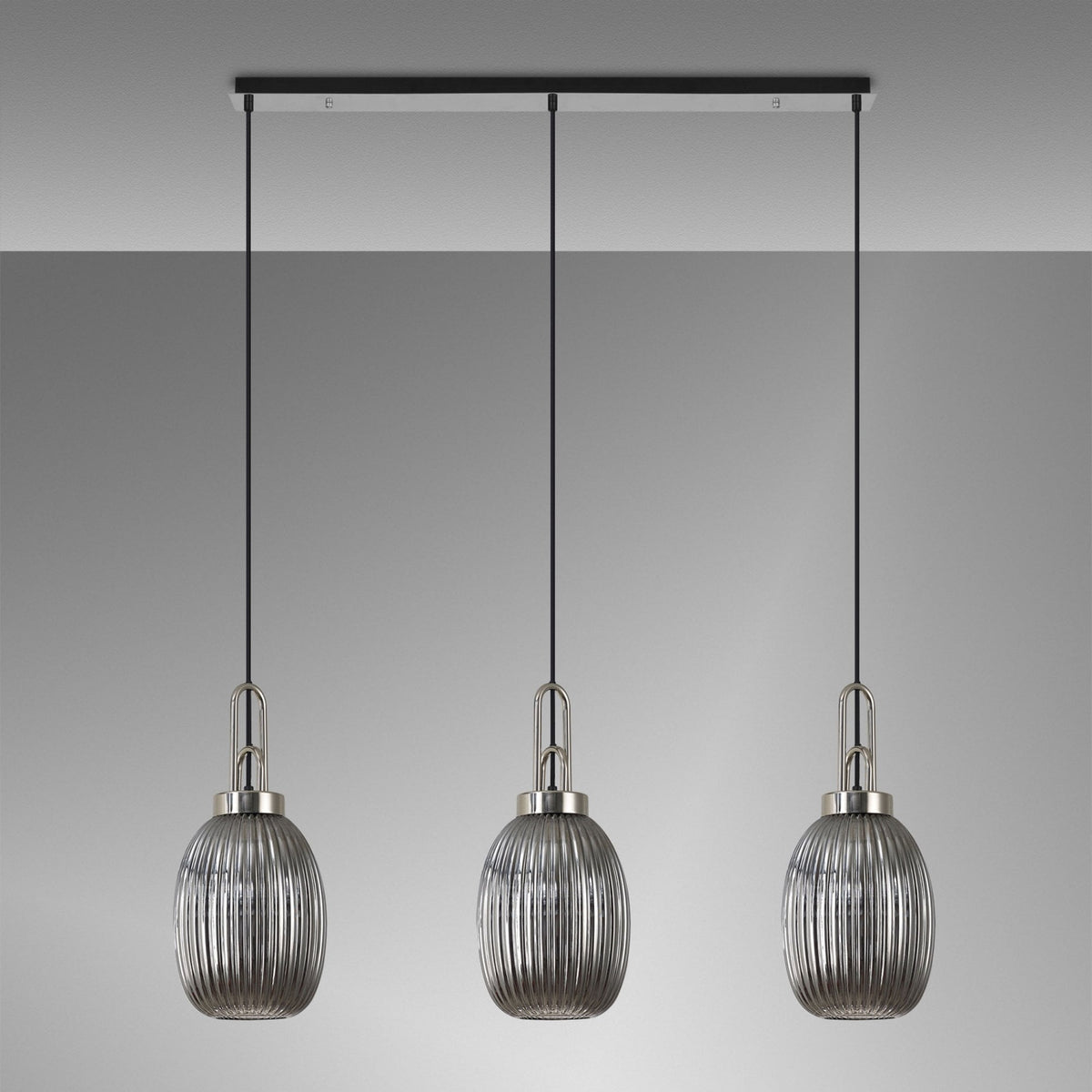 Atherington Almond 3 Drop Linear Pendant in Polished Nickel & Smoked Ribbed Shade
