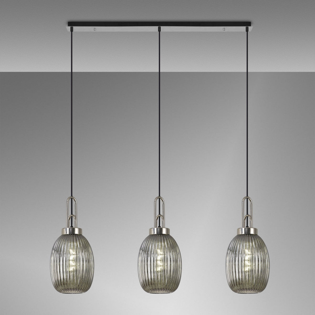 Atherington Almond 3 Drop Linear Pendant in Polished Nickel & Smoked Ribbed Shade