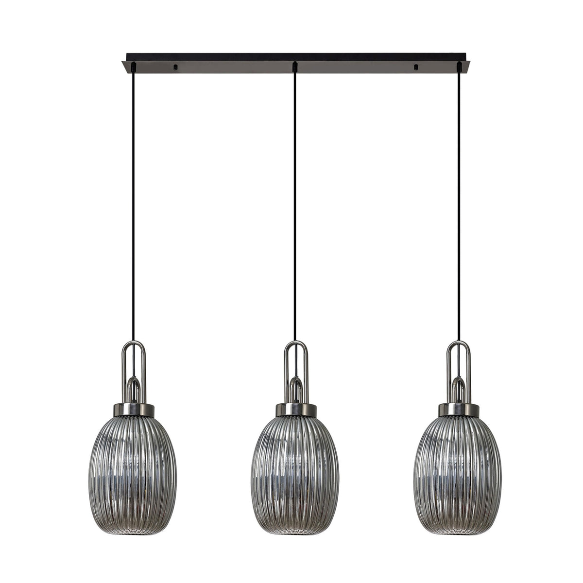 Atherington Almond 3 Drop Linear Pendant in Black Chrome & Smoked Ribbed Shade