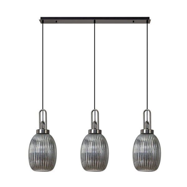 Atherington Almond 3 Drop Linear Pendant in Black Chrome & Smoked Ribbed Shade