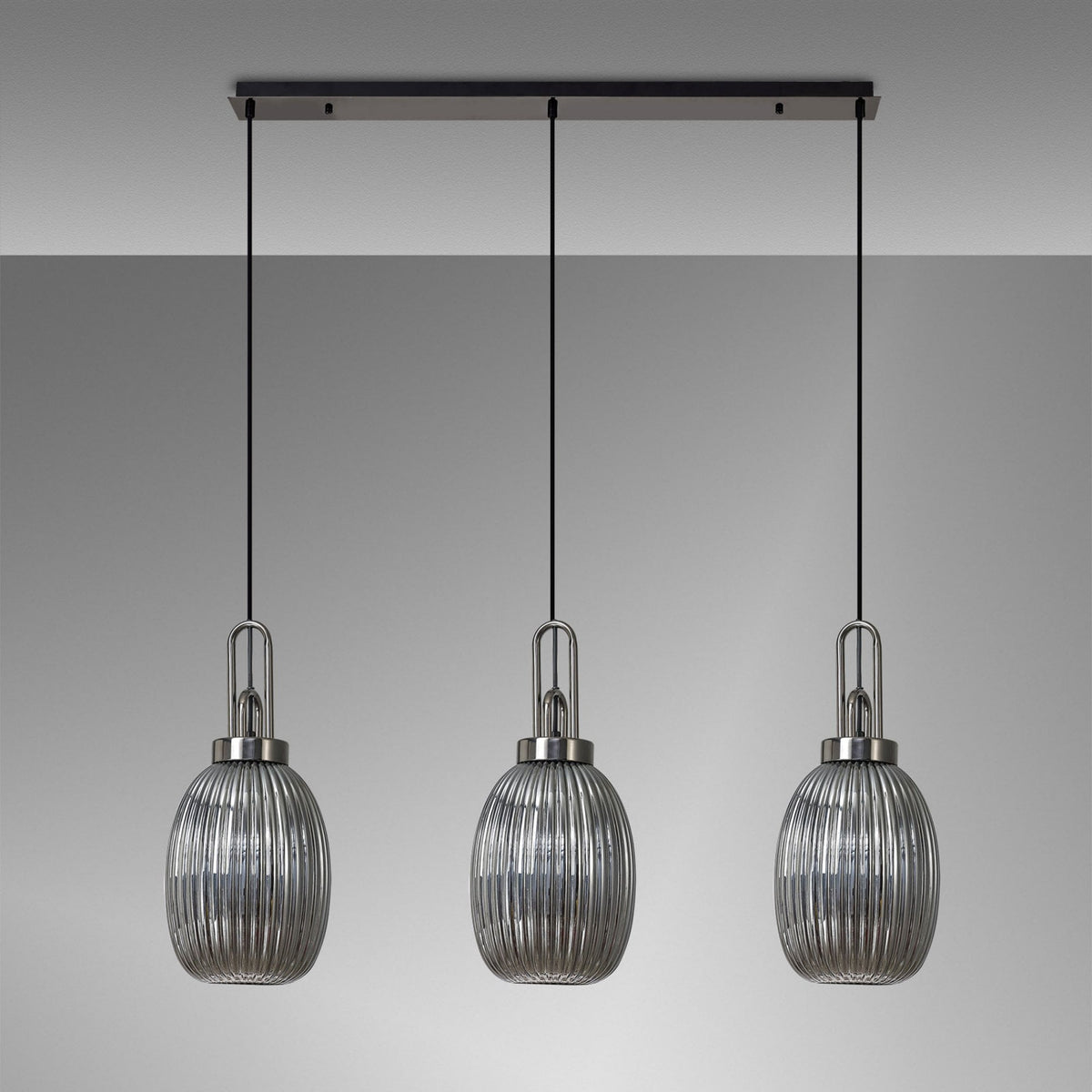 Atherington Almond 3 Drop Linear Pendant in Black Chrome & Smoked Ribbed Shade