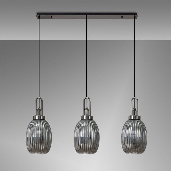 Atherington Almond 3 Drop Linear Pendant in Black Chrome & Smoked Ribbed Shade