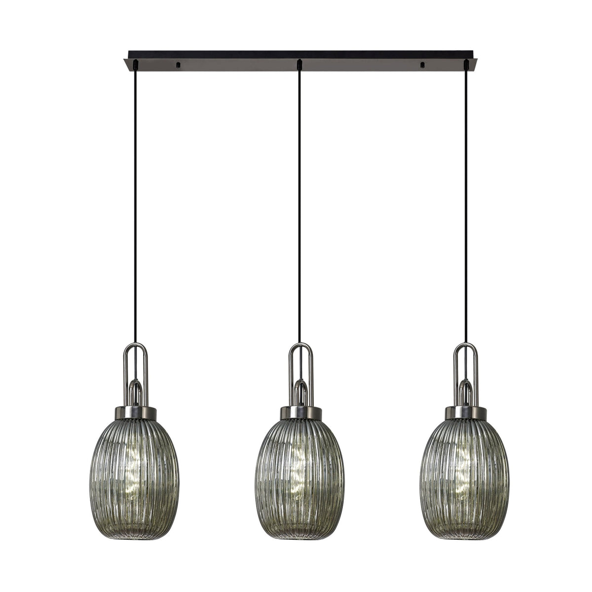 Atherington Almond 3 Drop Linear Pendant in Black Chrome & Smoked Ribbed Shade