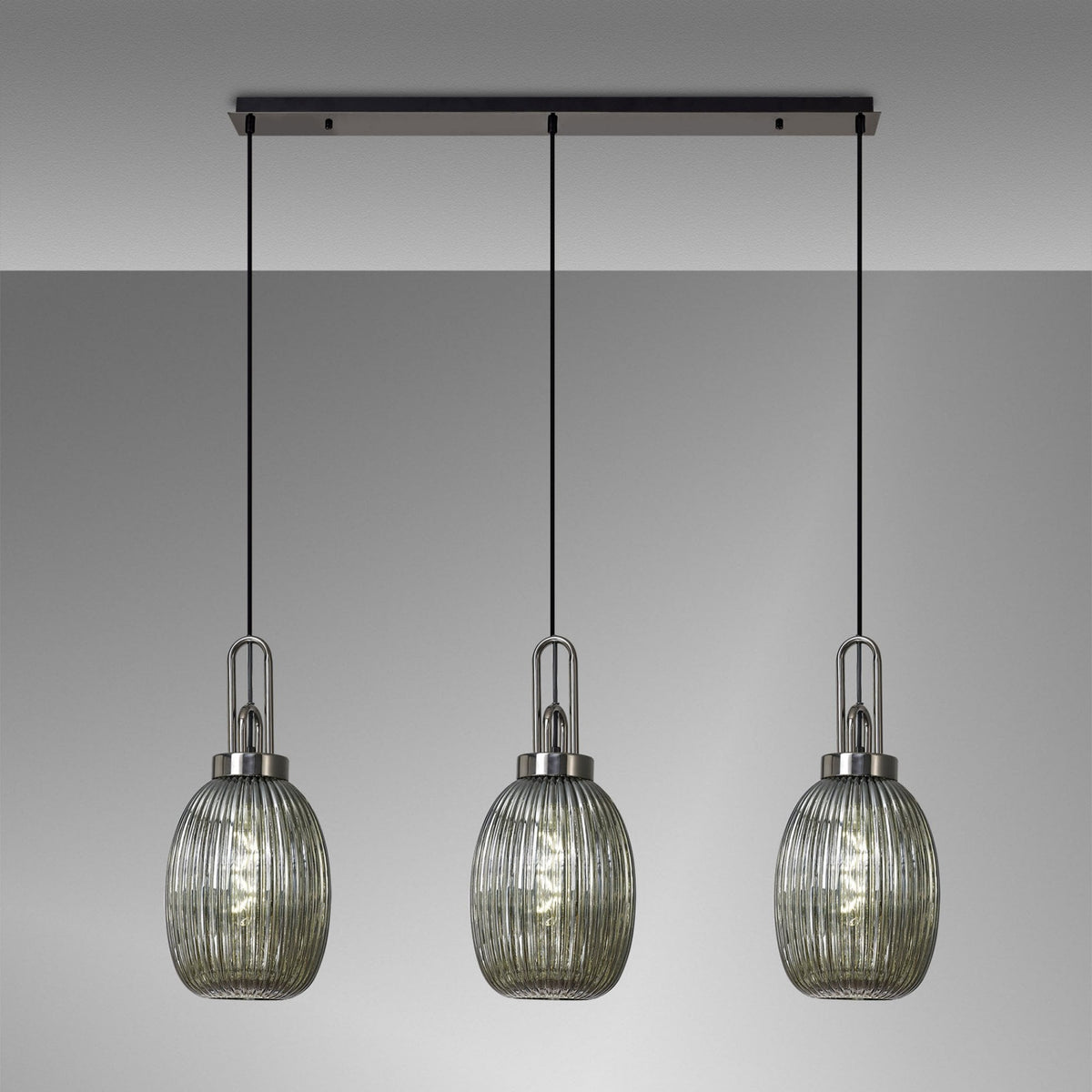 Atherington Almond 3 Drop Linear Pendant in Black Chrome & Smoked Ribbed Shade