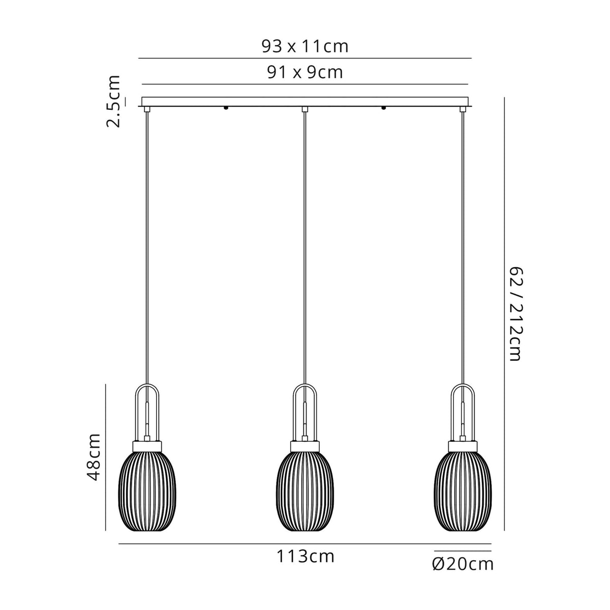 Atherington Almond 3 Drop Linear Pendant in Black Chrome & Smoked Ribbed Shade
