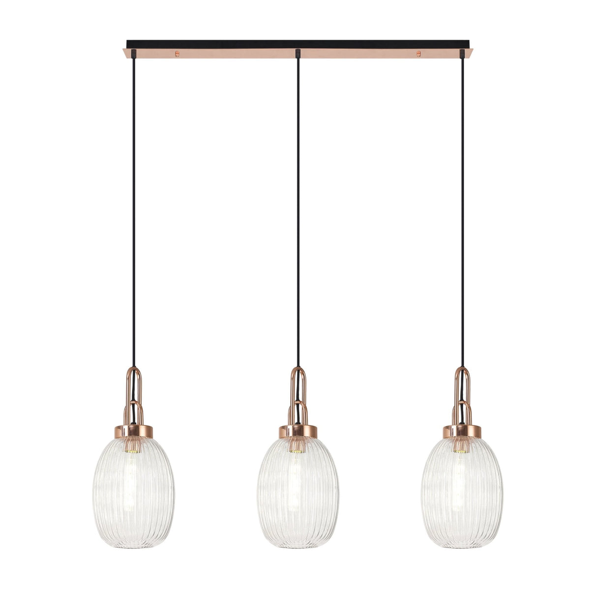 Atherington Almond 3 Drop Linear Pendant in Copper & Clear Ribbed Shade
