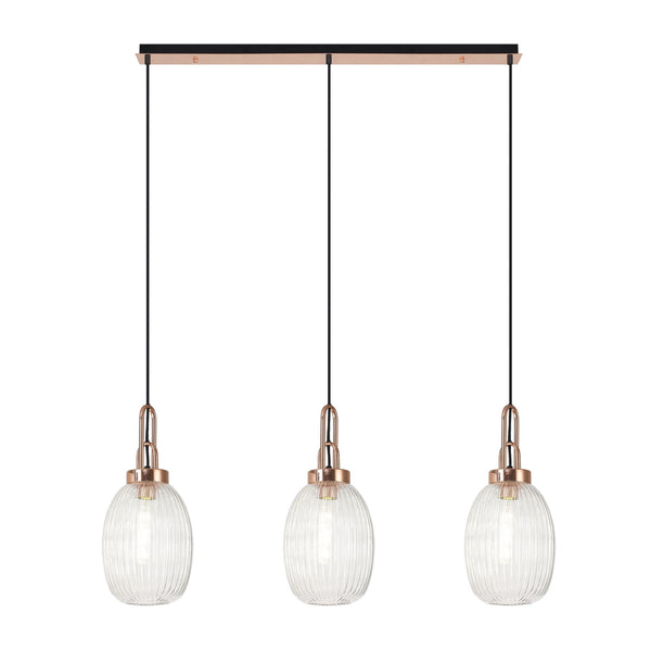 Atherington Almond 3 Drop Linear Pendant in Copper & Clear Ribbed Shade
