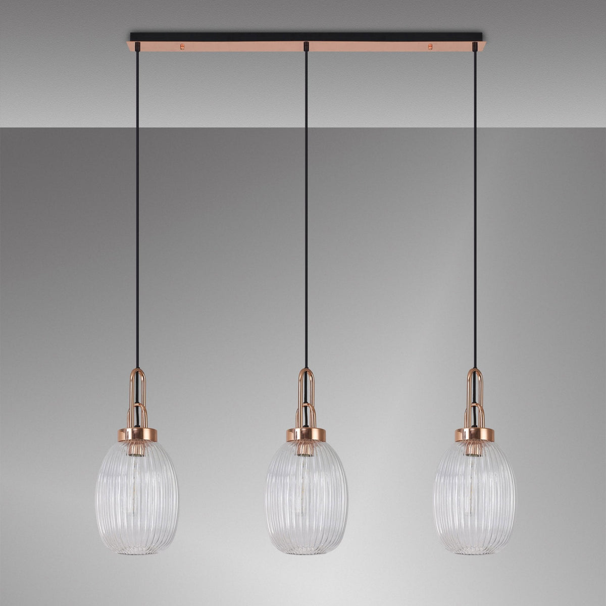 Atherington Almond 3 Drop Linear Pendant in Copper & Clear Ribbed Shade
