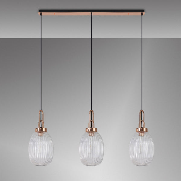 Atherington Almond 3 Drop Linear Pendant in Copper & Clear Ribbed Shade