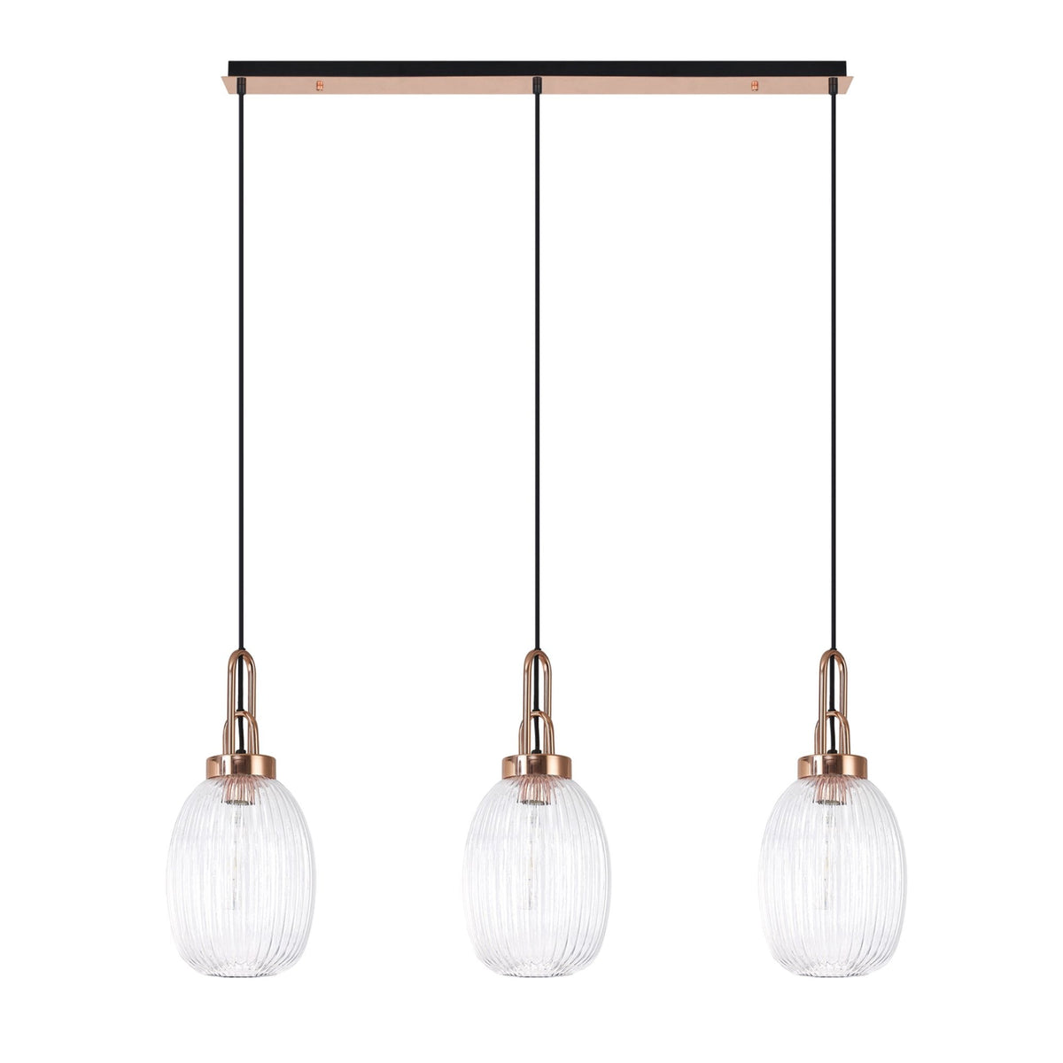 Atherington Almond 3 Drop Linear Pendant in Copper & Clear Ribbed Shade