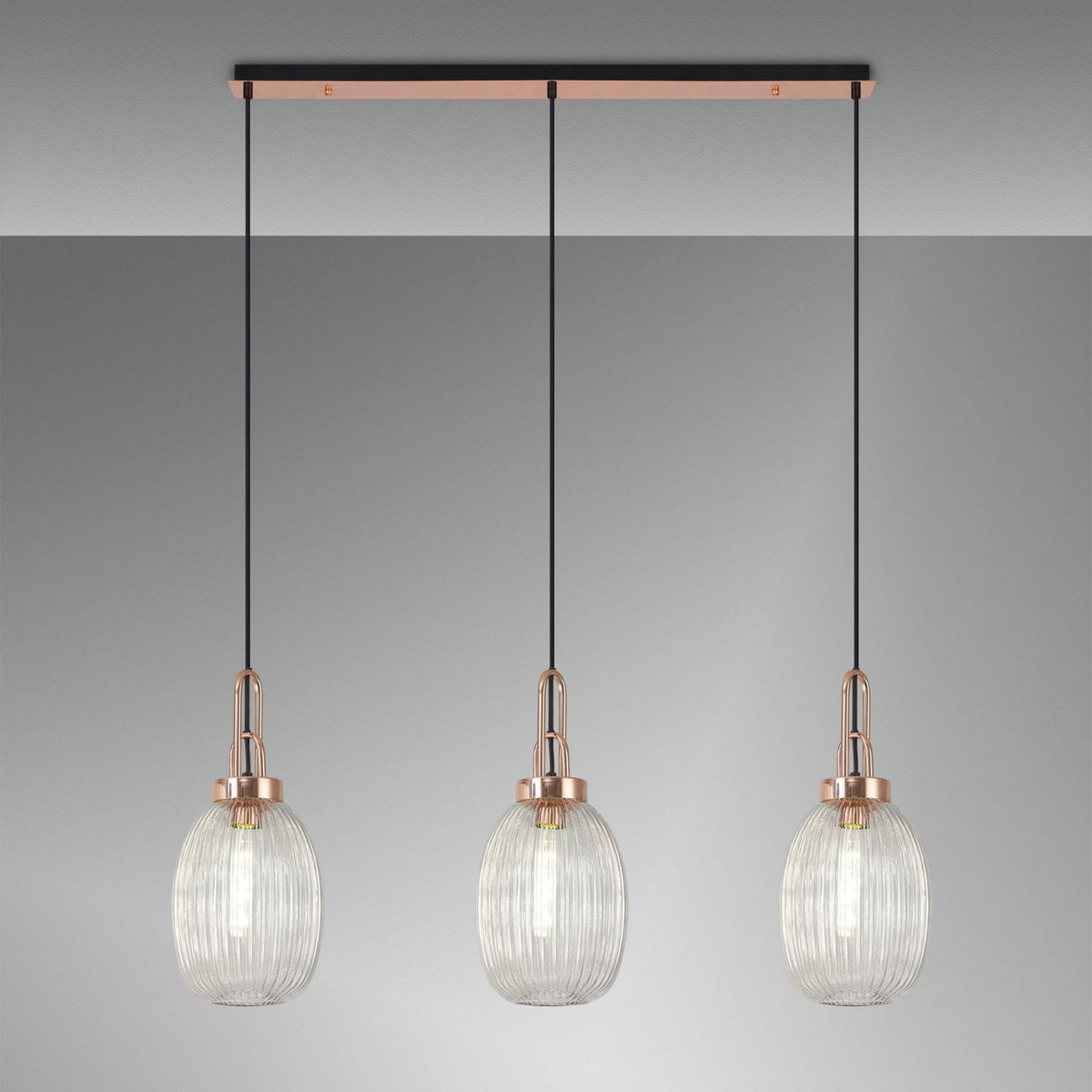 Atherington Almond 3 Drop Linear Pendant in Copper & Clear Ribbed Shade