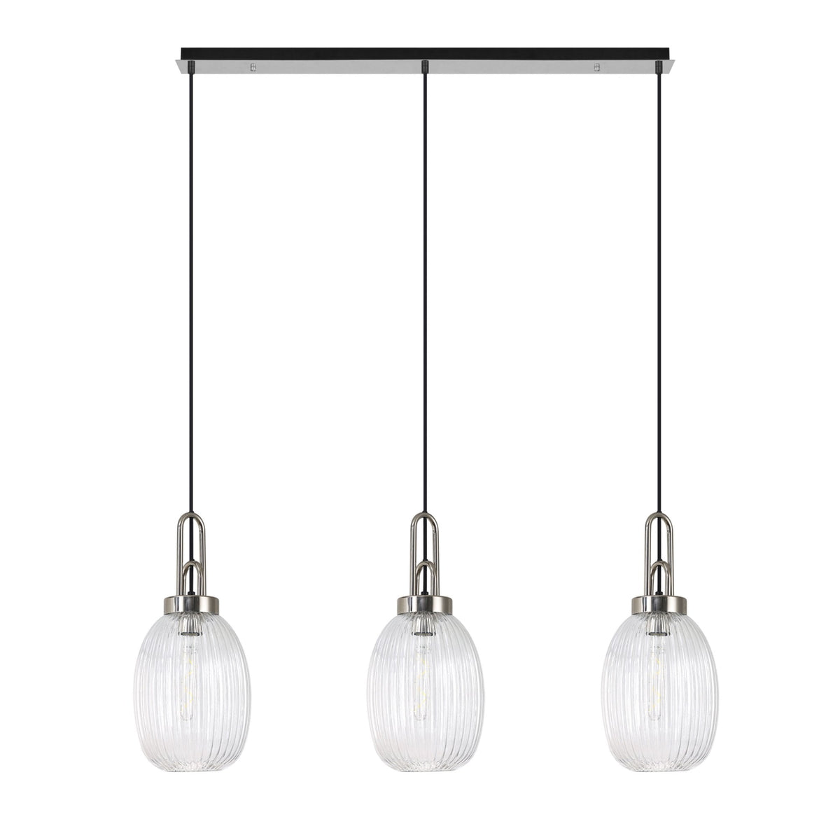 Atherington Almond 3 Drop Linear Pendant in Polished Nickel & Clear Ribbed Shade