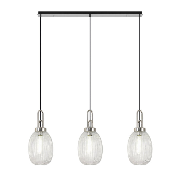 Atherington Almond 3 Drop Linear Pendant in Polished Nickel & Clear Ribbed Shade