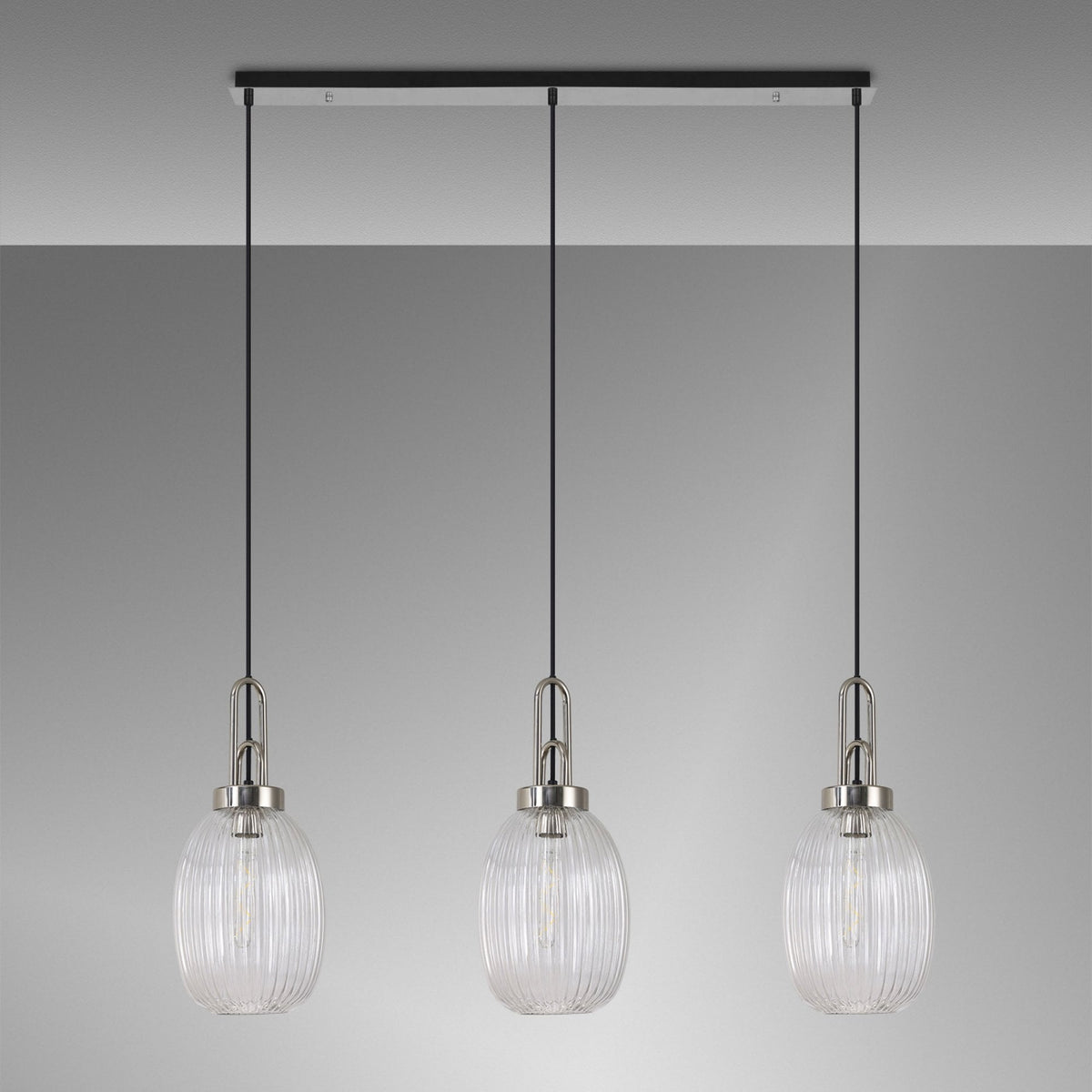 Atherington Almond 3 Drop Linear Pendant in Polished Nickel & Clear Ribbed Shade