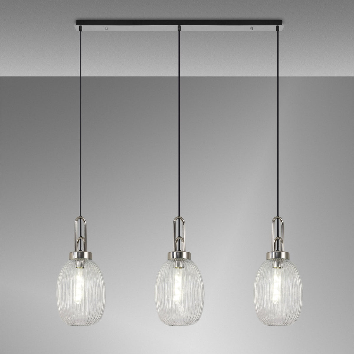 Atherington Almond 3 Drop Linear Pendant in Polished Nickel & Clear Ribbed Shade