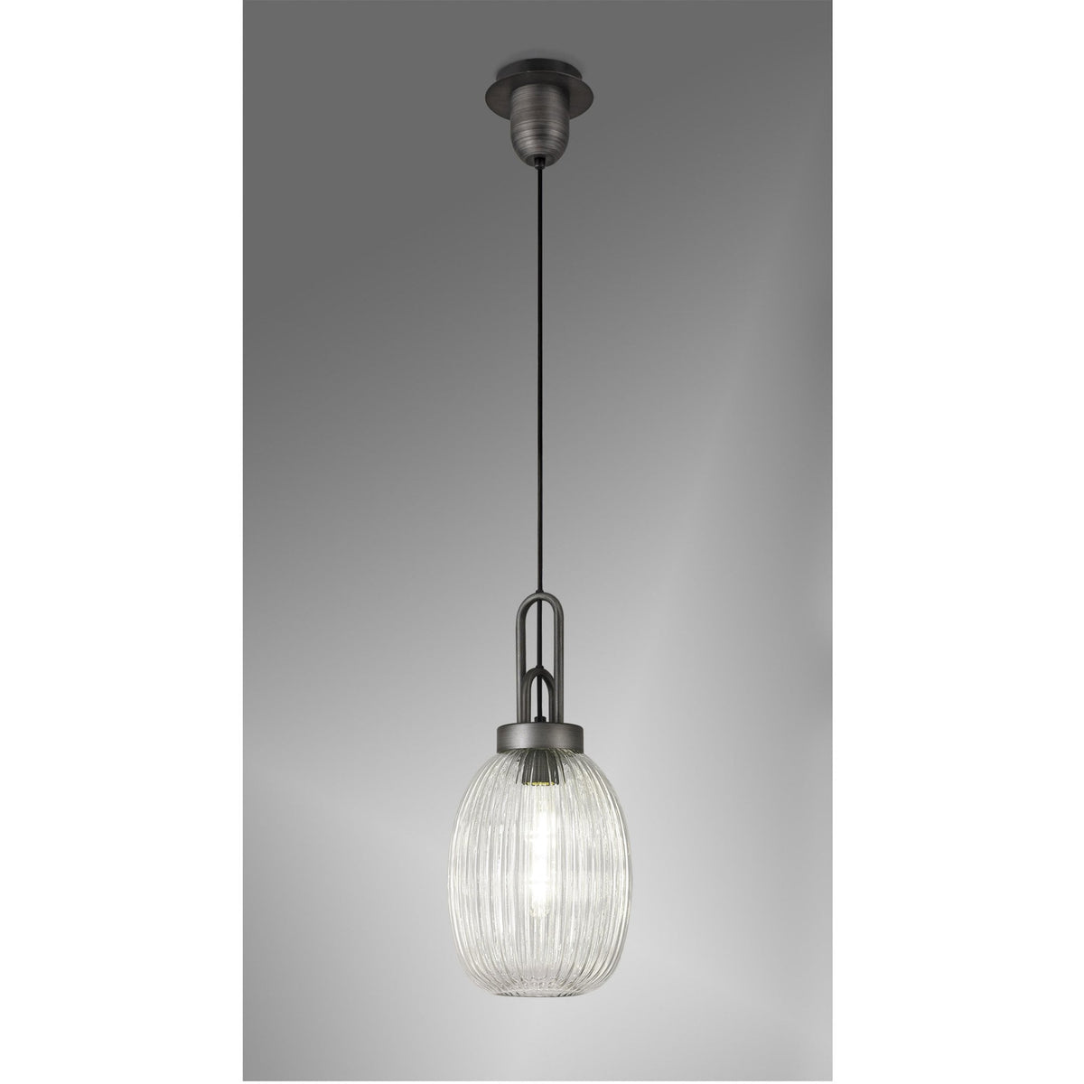 Atherington Almond Pendant in Aged Pewter & Clear Ribbed Shade