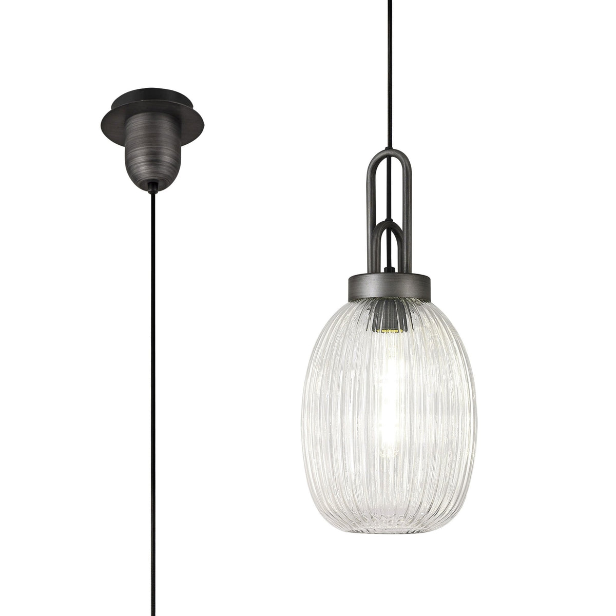 Atherington Almond Pendant in Aged Pewter & Clear Ribbed Shade