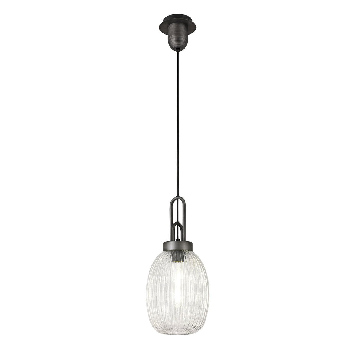 Atherington Almond Pendant in Aged Pewter & Clear Ribbed Shade