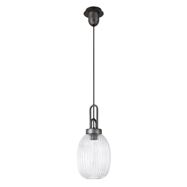Atherington Almond Pendant in Aged Pewter & Clear Ribbed Shade