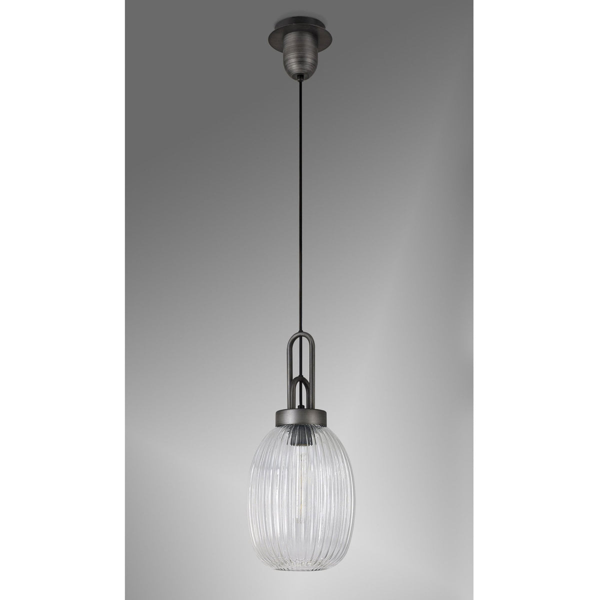 Atherington Almond Pendant in Aged Pewter & Clear Ribbed Shade
