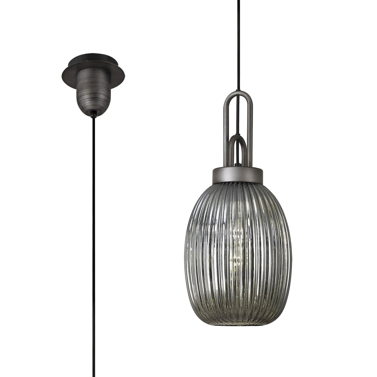 Atherington Almond Pendant in Aged Pewter & Smoked Ribbed Shade