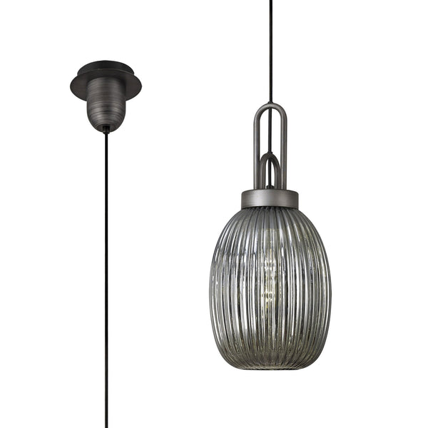 Atherington Almond Pendant in Aged Pewter & Smoked Ribbed Shade