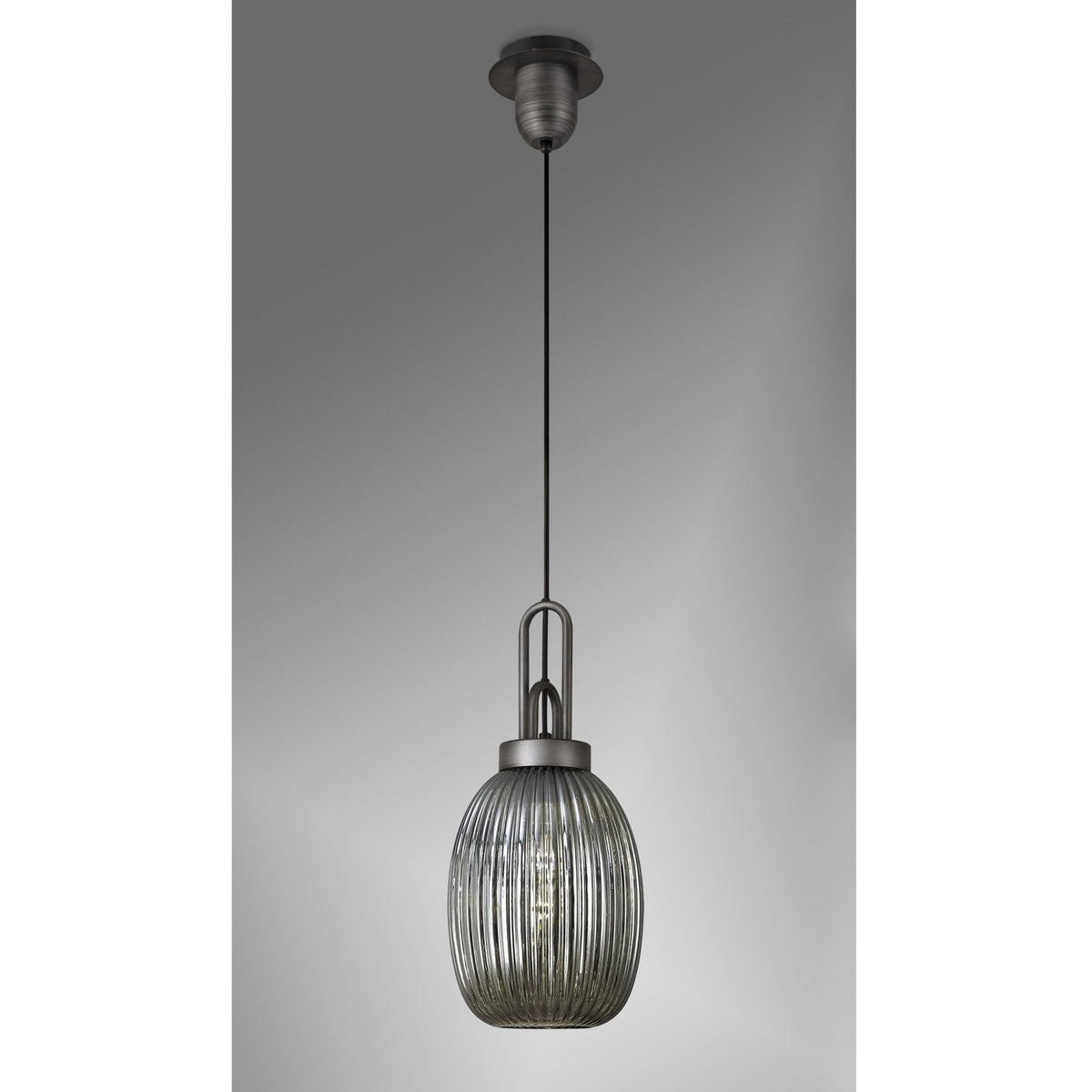 Atherington Almond Pendant in Aged Pewter & Smoked Ribbed Shade