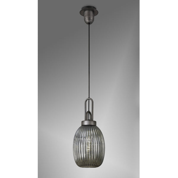 Atherington Almond Pendant in Aged Pewter & Smoked Ribbed Shade