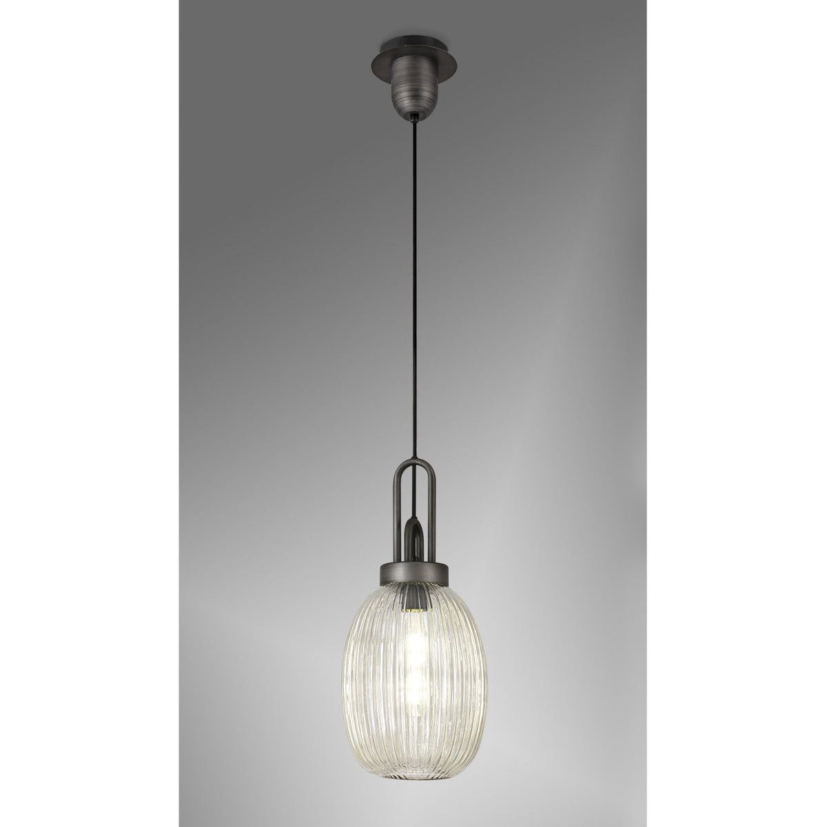 Atherington Almond Pendant in Aged Pewter & Champagne Ribbed Shade