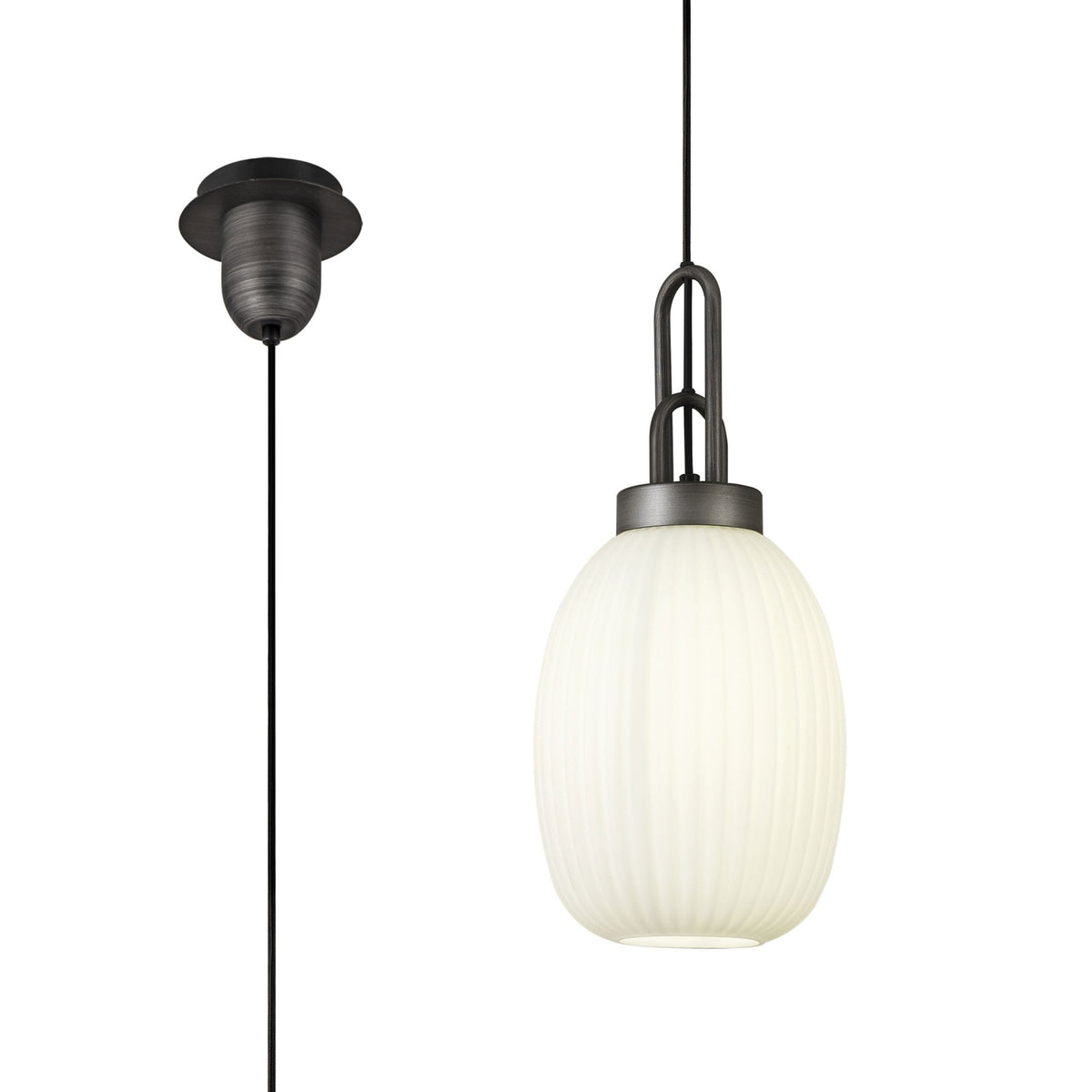 Atherington Almond Pendant in Aged Pewter & Opal Ribbed Shade