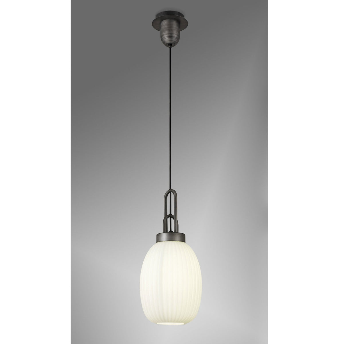 Atherington Almond Pendant in Aged Pewter & Opal Ribbed Shade
